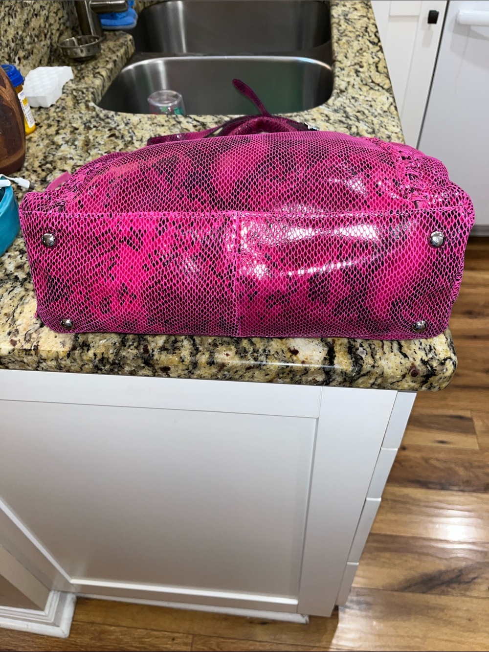 Aimee Kestenberg French leather pink snake print convertible handbag 9.75X13.5 - Picture 3 of 6